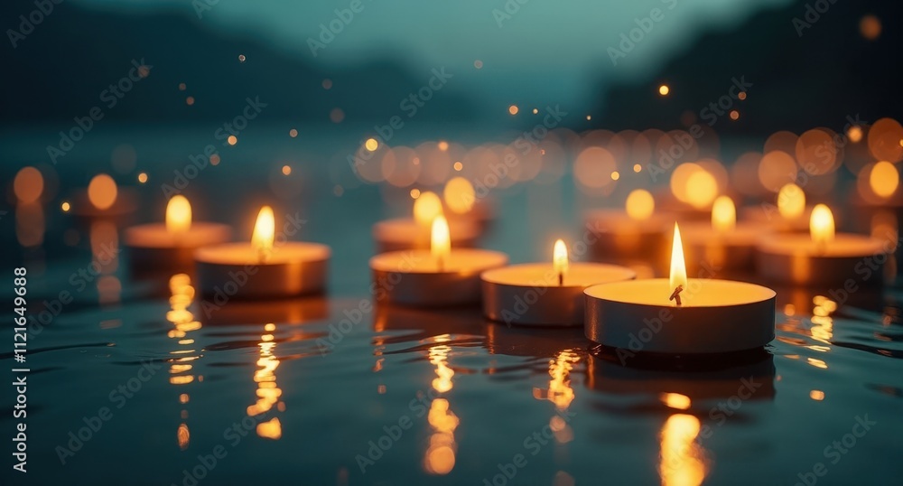 Floating candles on serene water, surrounded by golden fireflies and glowing party lights. A peaceful, symbolic scene of hope, with yellow and gray tones, captured in HD quality. Floating candles on serene water, surrounded by golden fireflies and glowing party lights. A peaceful, symbolic scene of hope, with yellow and gray tones, captured in HD quality.