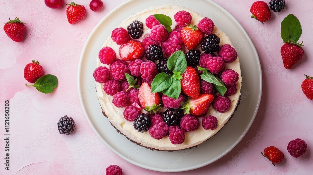 Creamy cheesecake topped with fresh raspberries, strawberries, and blackberries. Perfect for dessert menus, blogs, or food magazines showcasing delicious summer treats. Creamy cheesecake topped with fresh raspberries, strawberries, and blackberries. Perfect for dessert menus, blogs, or food magazines showcasing delicious summer treats.