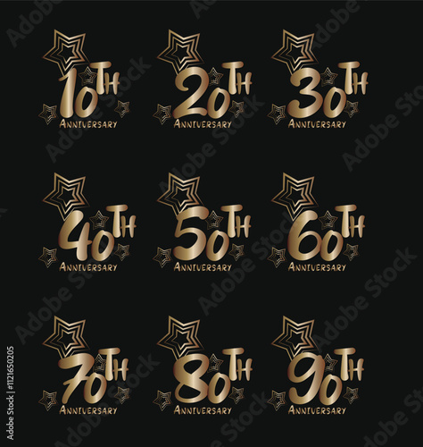 Golden anniversary logos celebrating 10th to 90th milestones with stars