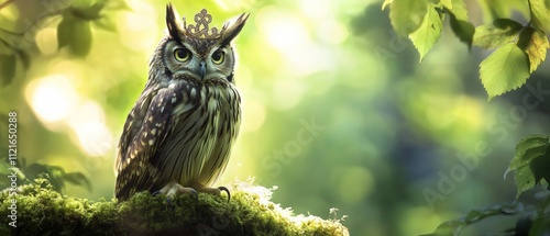 Majestic Owl in Forest Setting: Enchanted Bird with Crown Surrounded by Lush Greenery, Perfect for Nature and Wildlife Imagery. High-Quality Stock Photo. photo