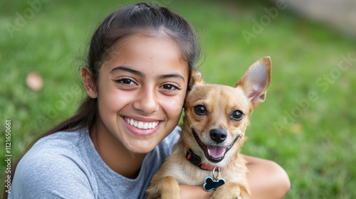 Hispanic girl holding pet dog playing on grass outside together