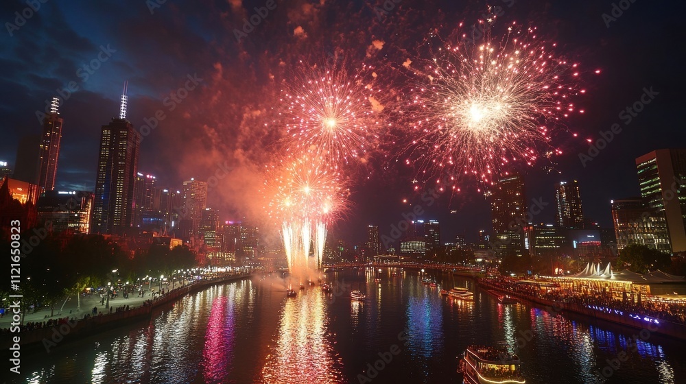 Naklejka premium Melbourne Fireworks River Cityscape