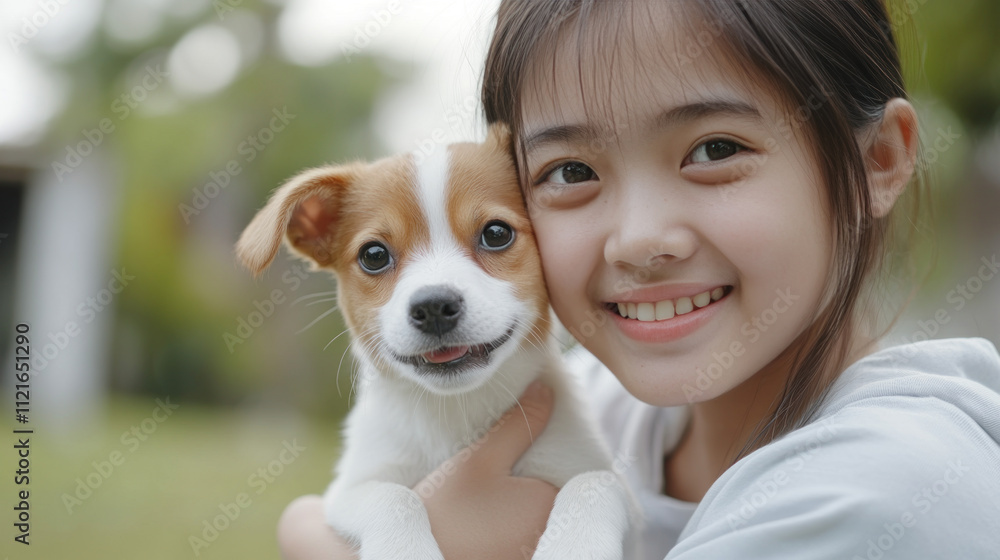 Indonesian girl holding pet dog playing on grass outside together Indonesian girl holding pet dog playing on grass outside together