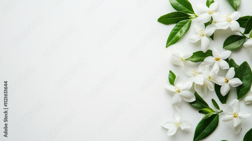 Fototapeta premium White flowers and green leaves arranged on a white background, leaving copy space.