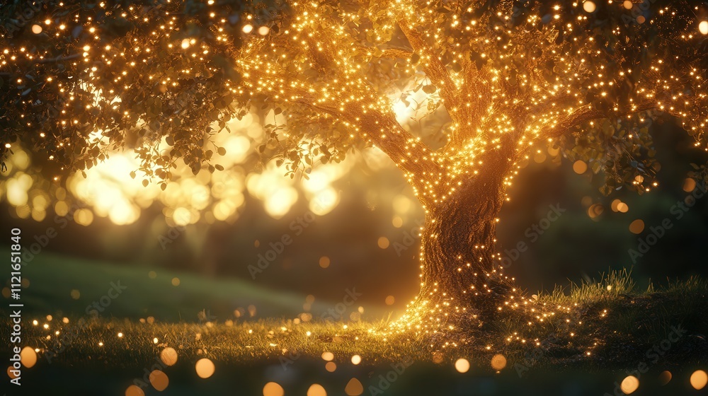 a tree decorated with glowing lights, the soft, golden glow spreading a sense of peace and joy a tree decorated with glowing lights, the soft, golden glow spreading a sense of peace and joy