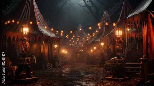 A misty circus tent lit by glowing pumpkins, blending spooky and festive vibes for Halloween celebrations. photo