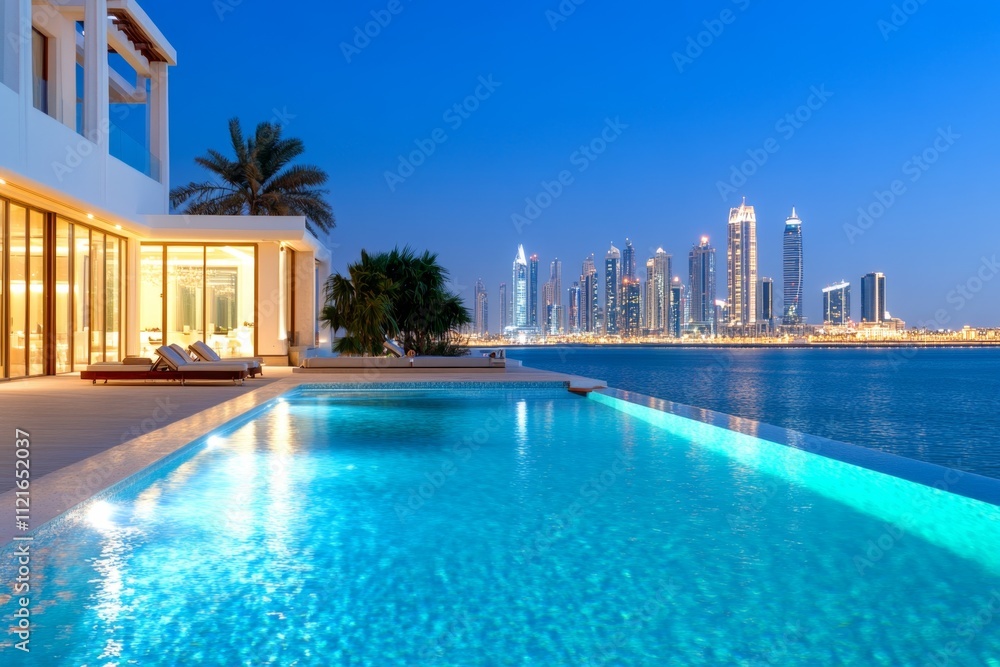 A serene image of a luxurious infinity pool overlooking the Abu Dhabi skyline, blending relaxation with modern architecture A serene image of a luxurious infinity pool overlooking the Abu Dhabi skyline, blending relaxation with modern architecture