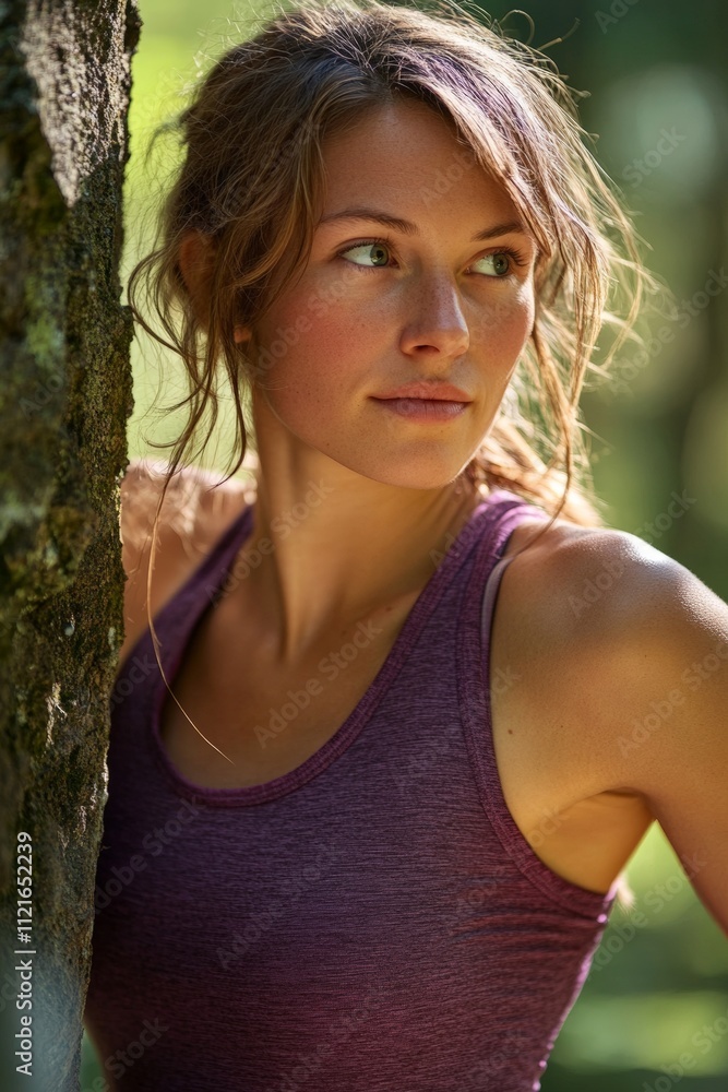 Outdoor Fitness: Young Woman in Purple Sports Tank Top Leaning Against Tree, Embracing Nature and Active Lifestyle in a Sunlit Forest Outdoor Fitness: Young Woman in Purple Sports Tank Top Leaning Against Tree, Embracing Nature and Active Lifestyle in a Sunlit Forest