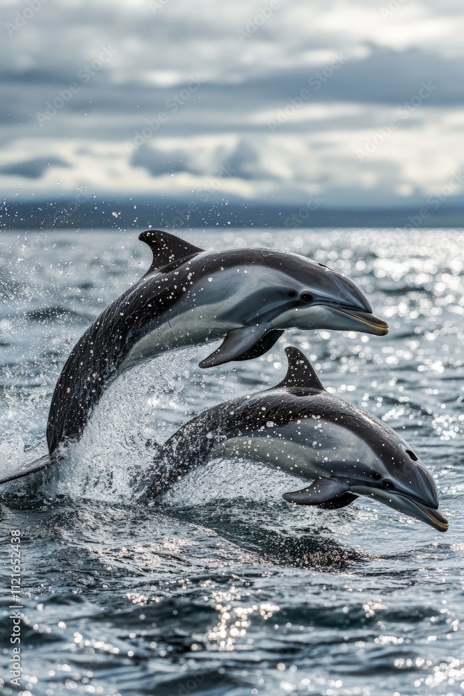 Obraz premium Playful Dolphins Jumping Above Ocean Waves Against Dramatic Cloudy Sky â€“ Stunning Marine Life Photography for Nature and Wildlife Projects