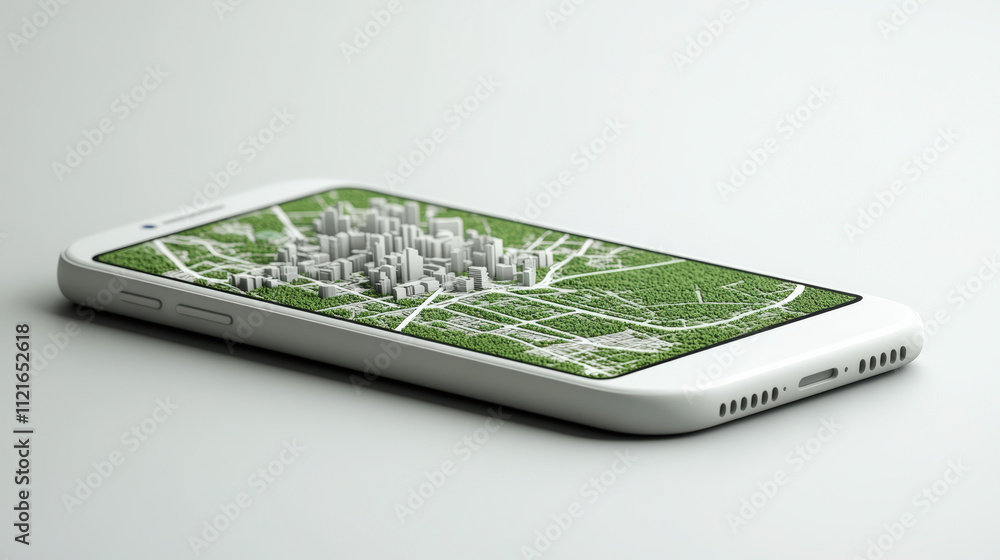 A smartphone displays a 3D cityscape map with green spaces and buildings, illustrating the concept of digital urban planning and navigation.
