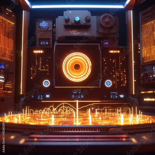 dj mixer in a futuristic nightclub