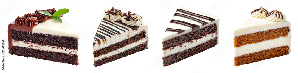 Assorted chocolate and vanilla cake slices on a black background Assorted chocolate and vanilla cake slices on a black background
