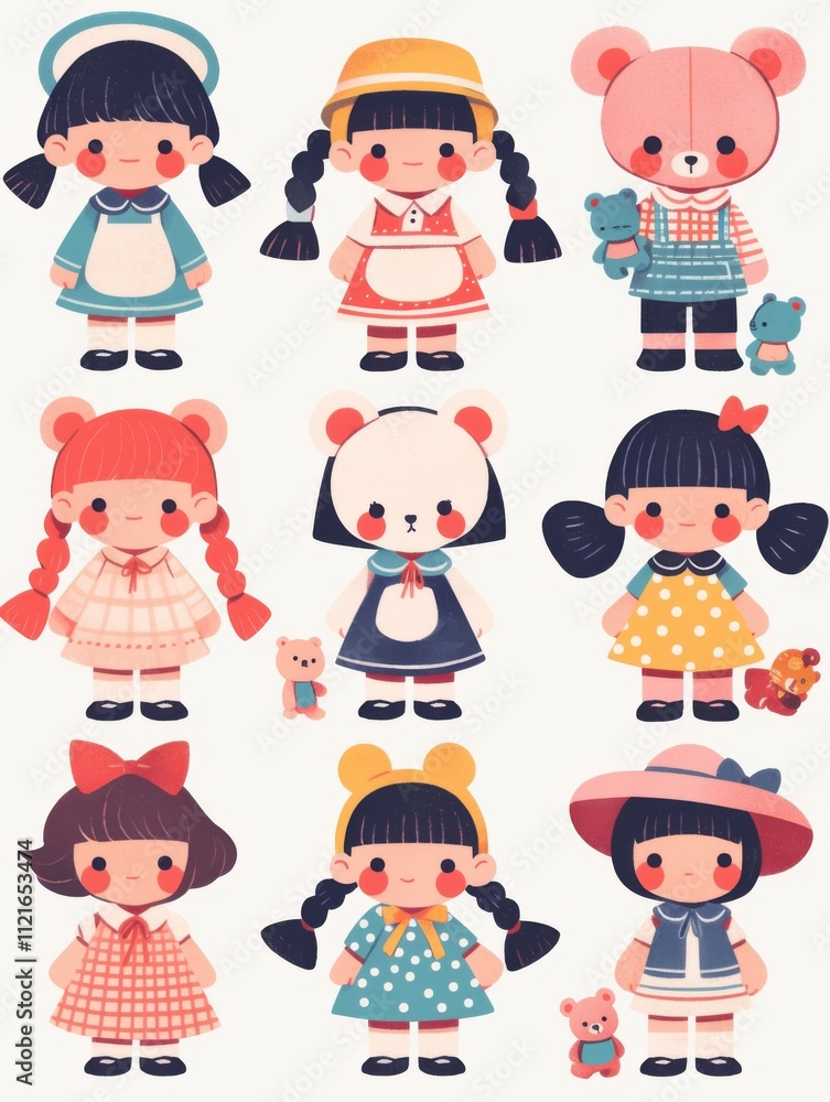 Pastel Flat Style Cartoon Animal Doll Stickers: Simple and Cute Designs Pastel Flat Style Cartoon Animal Doll Stickers: Simple and Cute Designs