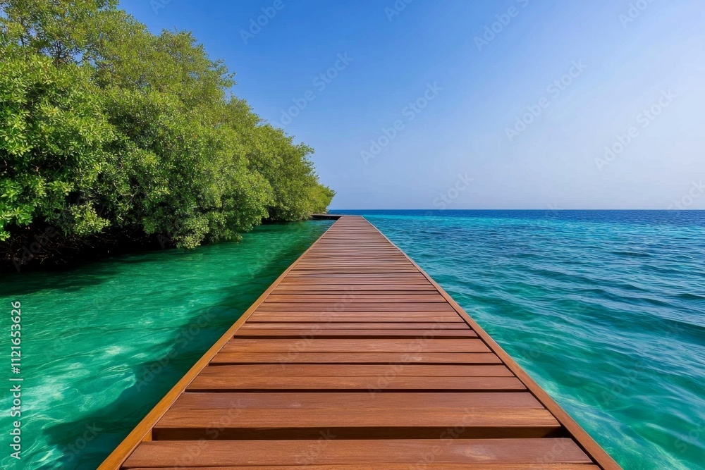 A serene shot of mangroves in Abu Dhabi, with wooden pathways winding through lush greenery and calm blue waters A serene shot of mangroves in Abu Dhabi, with wooden pathways winding through lush greenery and calm blue waters