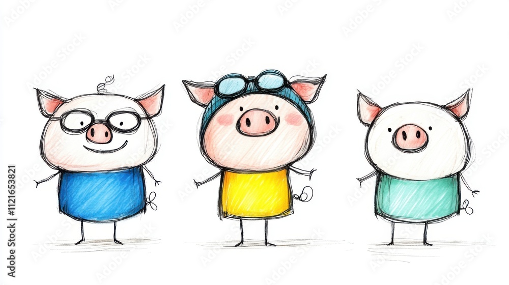 Charming cartoon pigs with glasses and clothing showcasing playful character and whimsical design Charming cartoon pigs with glasses and clothing showcasing playful character and whimsical design