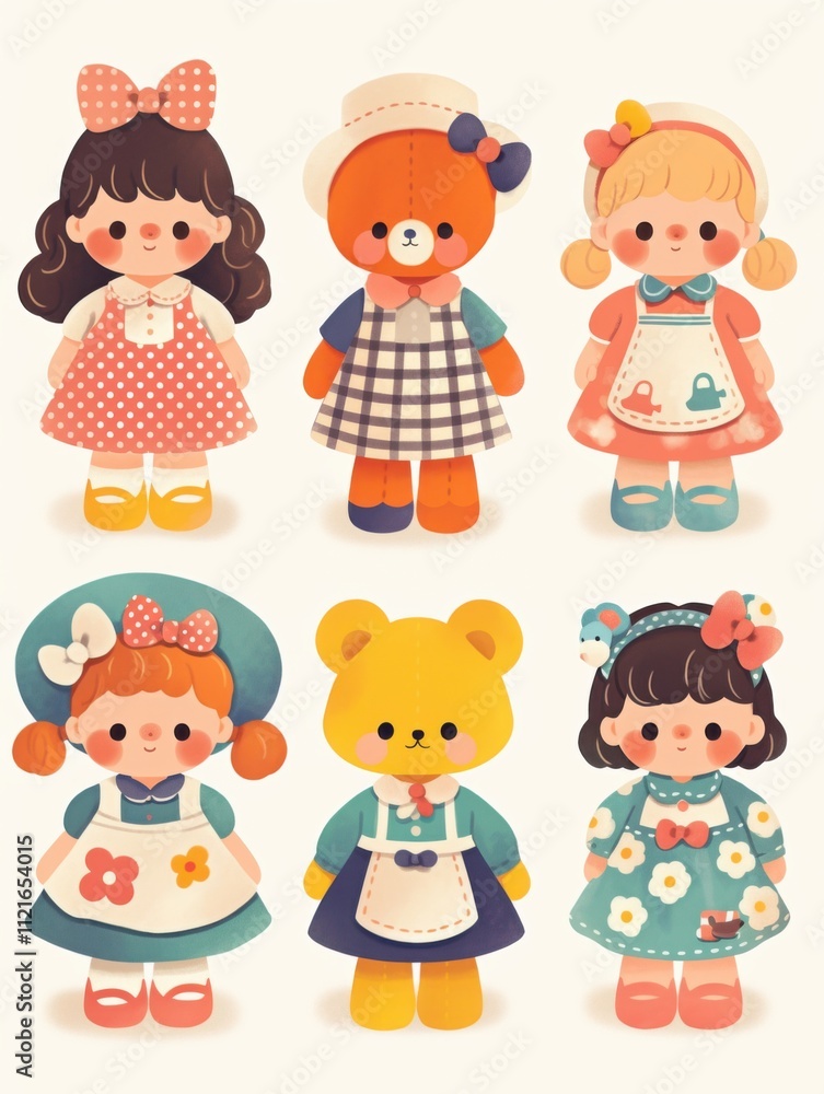 Pastel Flat Style Cartoon Animal Doll Stickers: Simple and Cute Designs Pastel Flat Style Cartoon Animal Doll Stickers: Simple and Cute Designs
