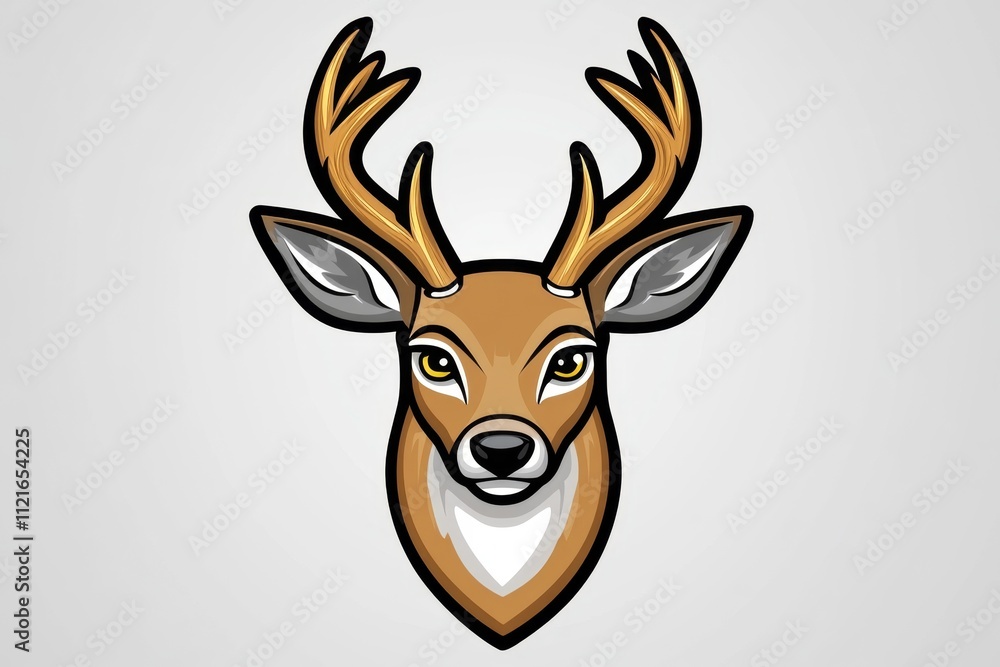 A simple vector design of a deer head, emphasizing its antlers and eyes with sharp lines and muted colors A simple vector design of a deer head, emphasizing its antlers and eyes with sharp lines and muted colors