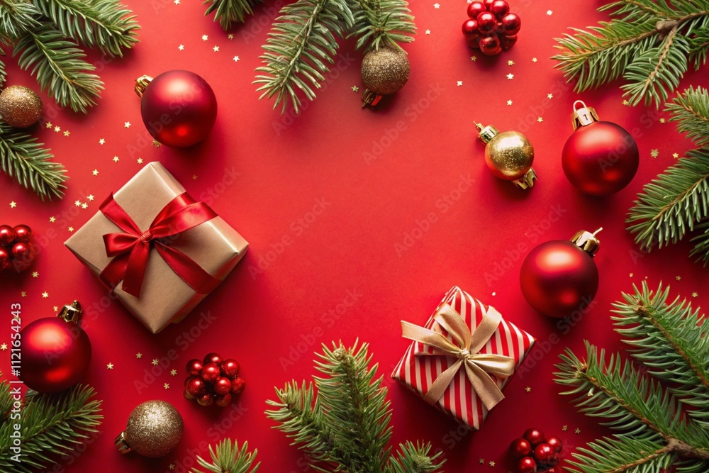 Christmas red background with baubles, gift boxes, fir branches, ornaments. Flat lay, top view, overhead. Christmas red background with baubles, gift boxes, fir branches, ornaments. Flat lay, top view, overhead.