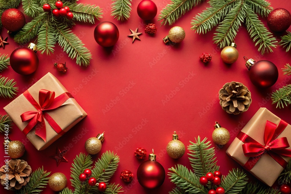 Christmas red background with baubles, gift boxes, fir branches, ornaments. Flat lay, top view, overhead. Christmas red background with baubles, gift boxes, fir branches, ornaments. Flat lay, top view, overhead.