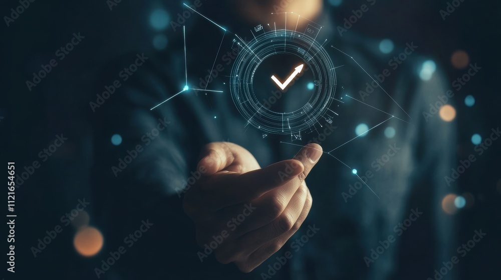 person presenting digital check mark icon person presenting digital check mark icon