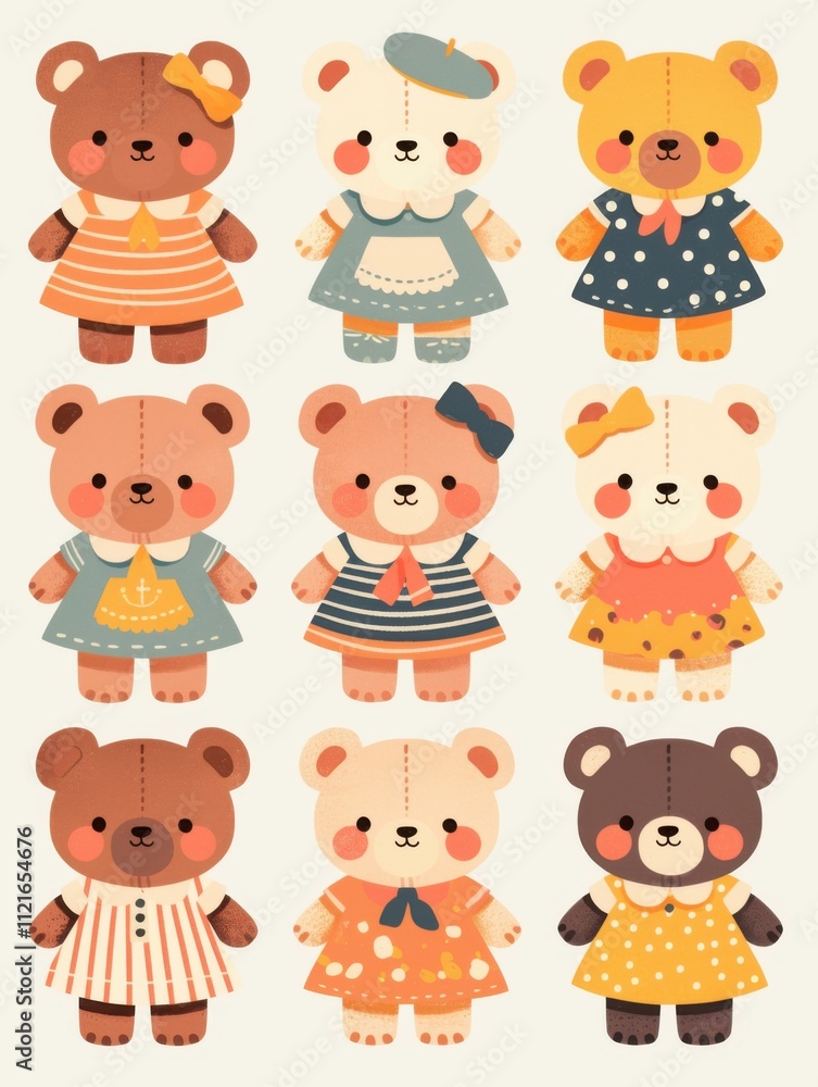 Fototapeta premium Pastel Flat Style Cartoon Animal Doll Stickers: Simple and Cute Designs