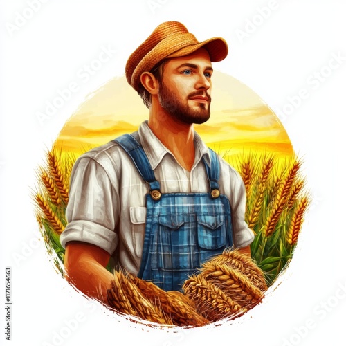 Farmer Harvesting Wheat at Sunset Agriculture Farming Rural Life photo