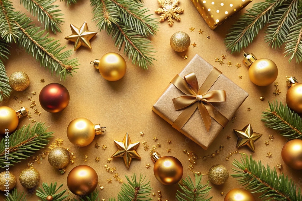 Christmas gold background with baubles, gift boxes, fir branches, ornaments. Flat lay, top view, overhead. Christmas gold background with baubles, gift boxes, fir branches, ornaments. Flat lay, top view, overhead.