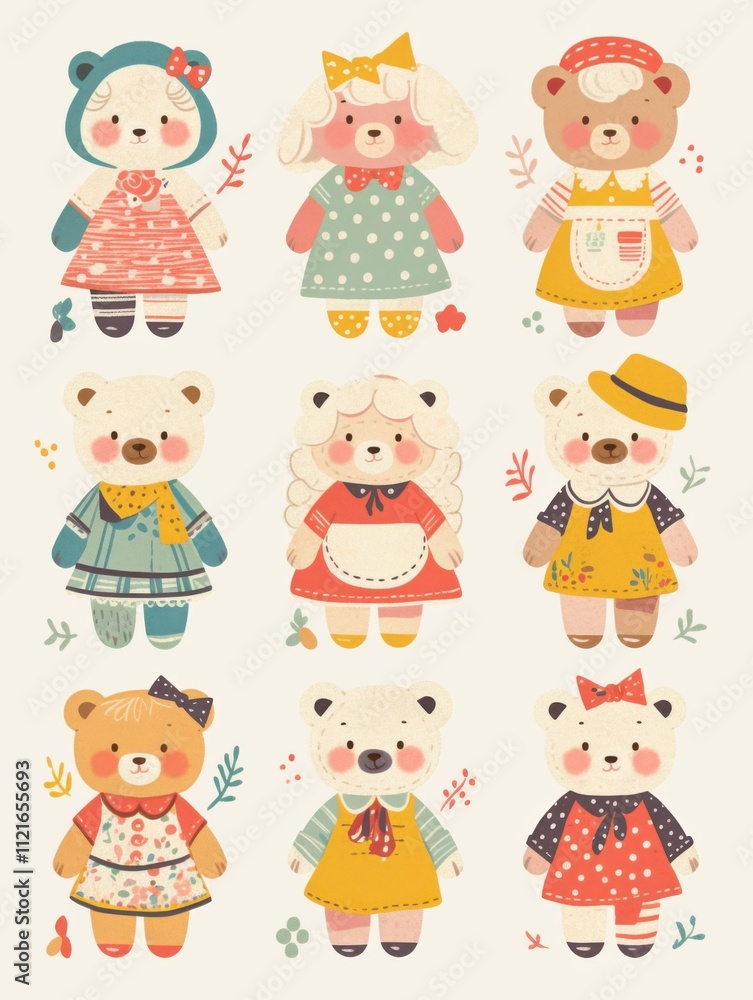 Pastel Flat Style Cartoon Animal Doll Stickers: Simple and Cute Designs Pastel Flat Style Cartoon Animal Doll Stickers: Simple and Cute Designs