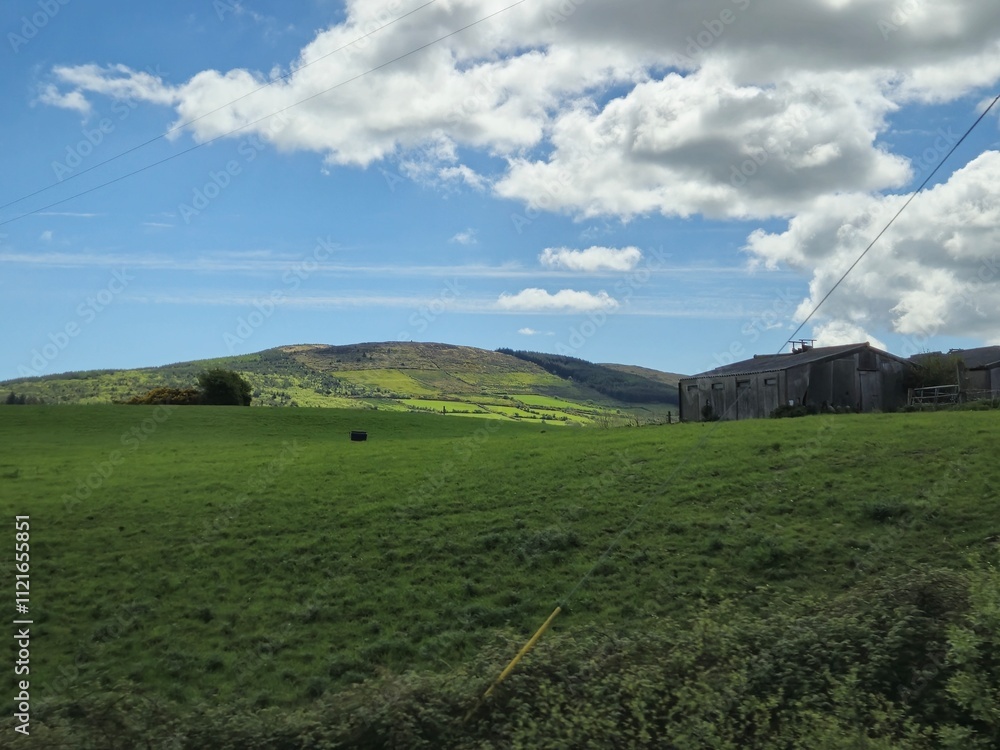 Obraz premium Mountain Landscape with Cumulus Clouds and Trees