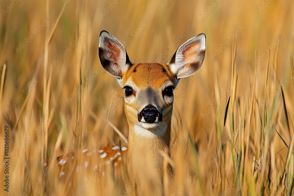 A vibrant photo of a fawn nestled in tall grass, with its spotted coat blending into the surroundings A vibrant photo of a fawn nestled in tall grass, with its spotted coat blending into the surroundings