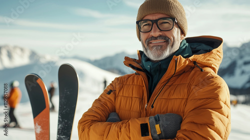 Ski Instructor on Snowy Mountain Confidently Posing in Style