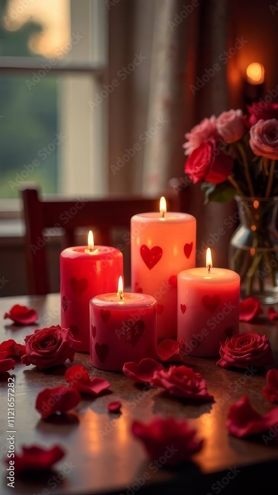 A scene with romantic candles, heart-shaped decorative items, and rose petals scattered on the table?love, relationship, lovers, valentine's day, postcard, date idea, romance A scene with romantic candles, heart-shaped decorative items, and rose petals scattered on the table?love, relationship, lovers, valentine's day, postcard, date idea, romance