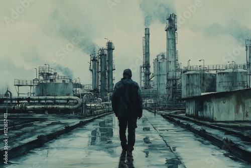 Exploration of industrial landscapesa solitary figure in an oil refinery urban environment atmospheric perspective