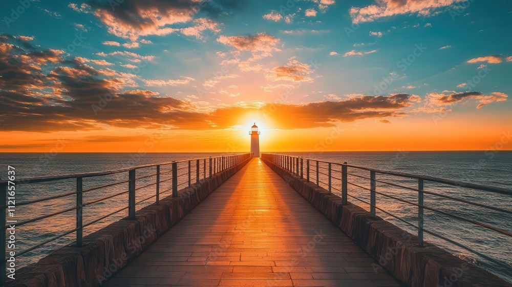a bridge stretching to a lighthouse, framed by the golden light of a setting sun and calm ocean waves, creating a serene scene a bridge stretching to a lighthouse, framed by the golden light of a setting sun and calm ocean waves, creating a serene scene