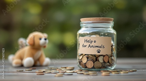 Fototapeta Naklejka Na Ścianę i Meble -  Charity jar for animal donations with coins and plush dog background