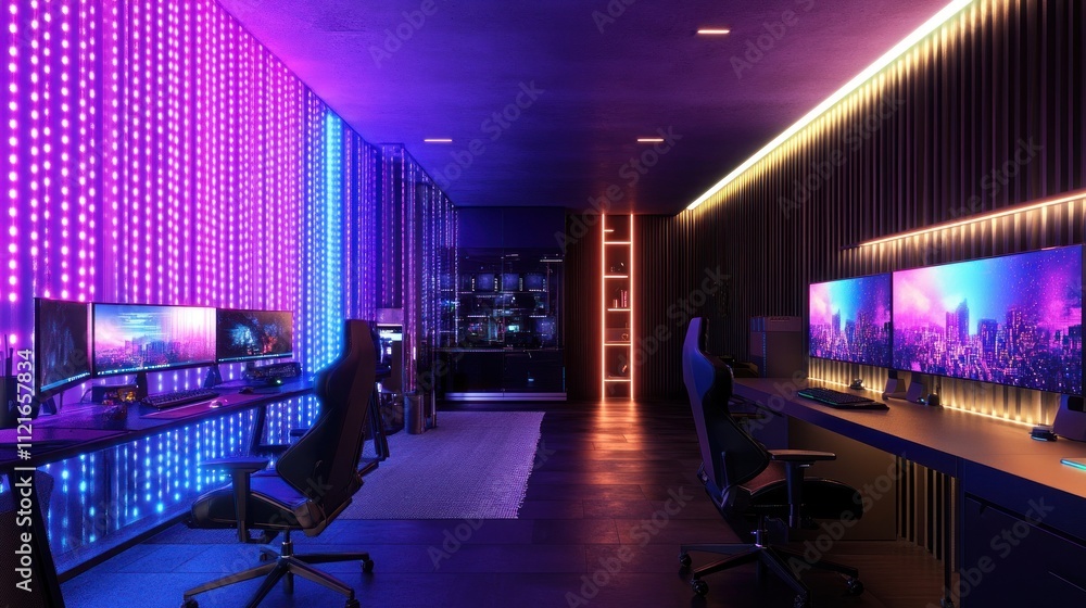 Modern vibrant gaming room with LED lights, multiple monitors, and ergonomic chairs. Modern vibrant gaming room with LED lights, multiple monitors, and ergonomic chairs.