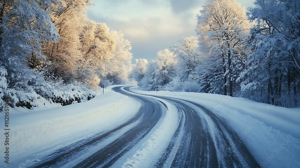 Winter scenic drive through snowy landscape tranquil nature view Winter scenic drive through snowy landscape tranquil nature view