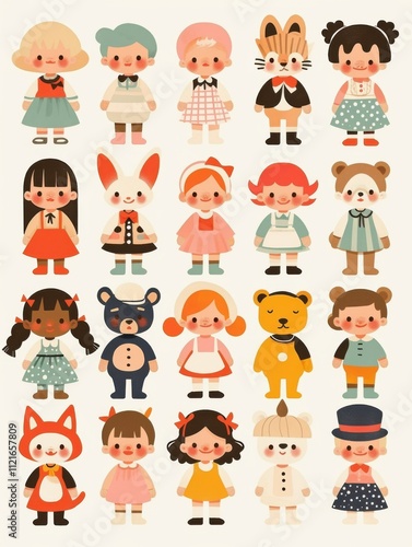 Pastel Flat Style Cartoon Animal Doll Stickers: Simple and Cute Designs