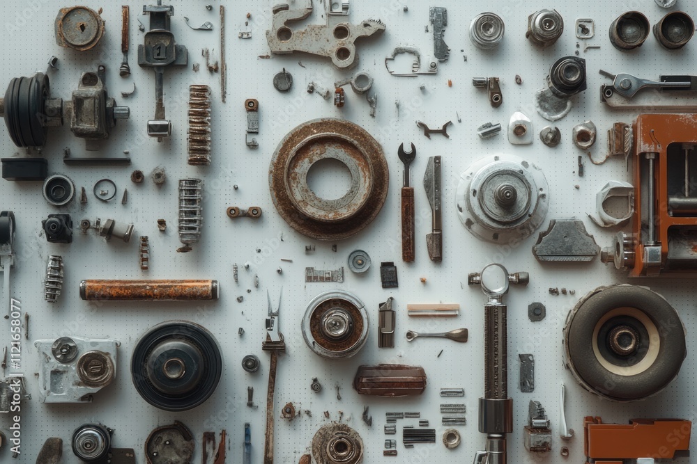 An arrangement of various rusty and metallic machine parts on a white surface. An arrangement of various rusty and metallic machine parts on a white surface.