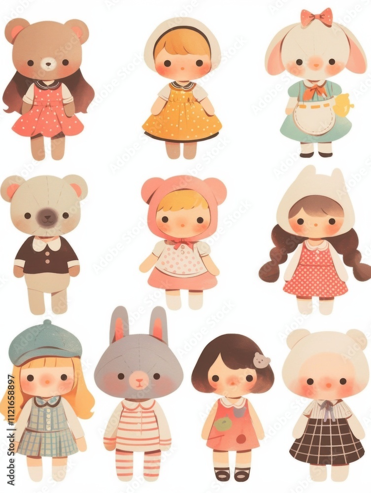Pastel Flat Style Cartoon Animal Doll Stickers: Simple and Cute Designs Pastel Flat Style Cartoon Animal Doll Stickers: Simple and Cute Designs