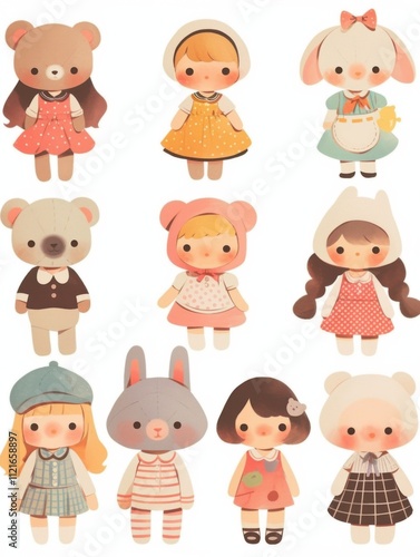 Pastel Flat Style Cartoon Animal Doll Stickers: Simple and Cute Designs
