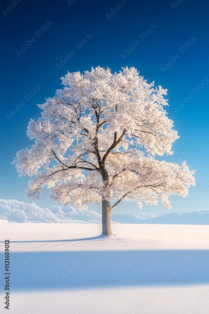 Stunning Winter Landscape: Isolated Frost-Covered Tree Against Bright Blue Sky in Snowy Field - Perfect for Seasonal Nature Photography Stunning Winter Landscape: Isolated Frost-Covered Tree Against Bright Blue Sky in Snowy Field - Perfect for Seasonal Nature Photography