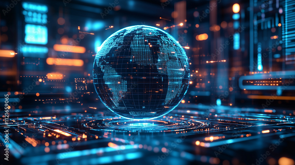 Fototapeta premium A digital globe surrounded by flowing data streams and futuristic charts.