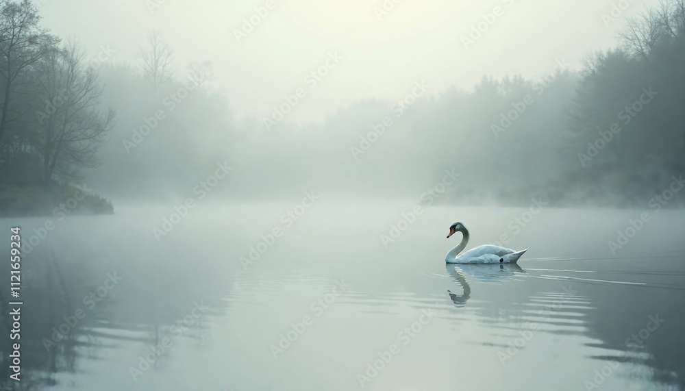 Fototapeta premium Elegant Swan Gliding Through Misty Lake in Serene Atmosphere
