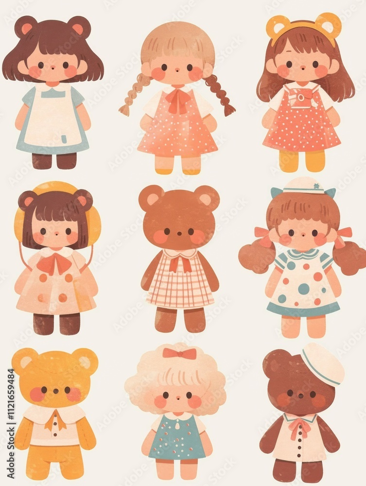 Pastel Flat Style Cartoon Animal Doll Stickers: Simple and Cute Designs Pastel Flat Style Cartoon Animal Doll Stickers: Simple and Cute Designs