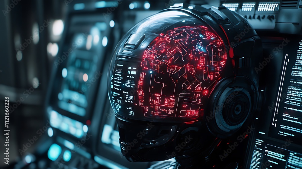 Futuristic robot head display in high-tech control room environment Futuristic robot head display in high-tech control room environment