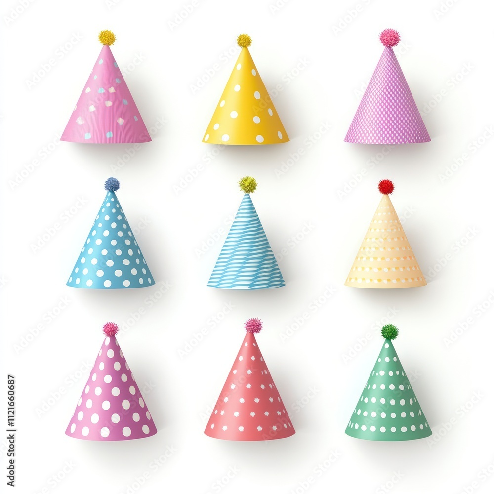 Nine colorful party hats; festive celebration. Nine colorful party hats; festive celebration.
