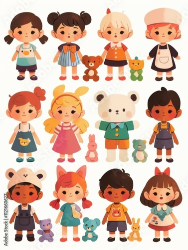 Pastel Flat Style Cartoon Animal Doll Stickers: Simple and Cute Designs