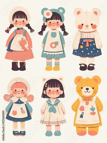 Pastel Flat Style Cartoon Animal Doll Stickers: Simple and Cute Designs
