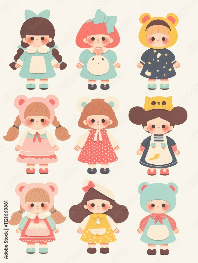 Pastel Flat Style Cartoon Animal Doll Stickers: Simple and Cute Designs Pastel Flat Style Cartoon Animal Doll Stickers: Simple and Cute Designs
